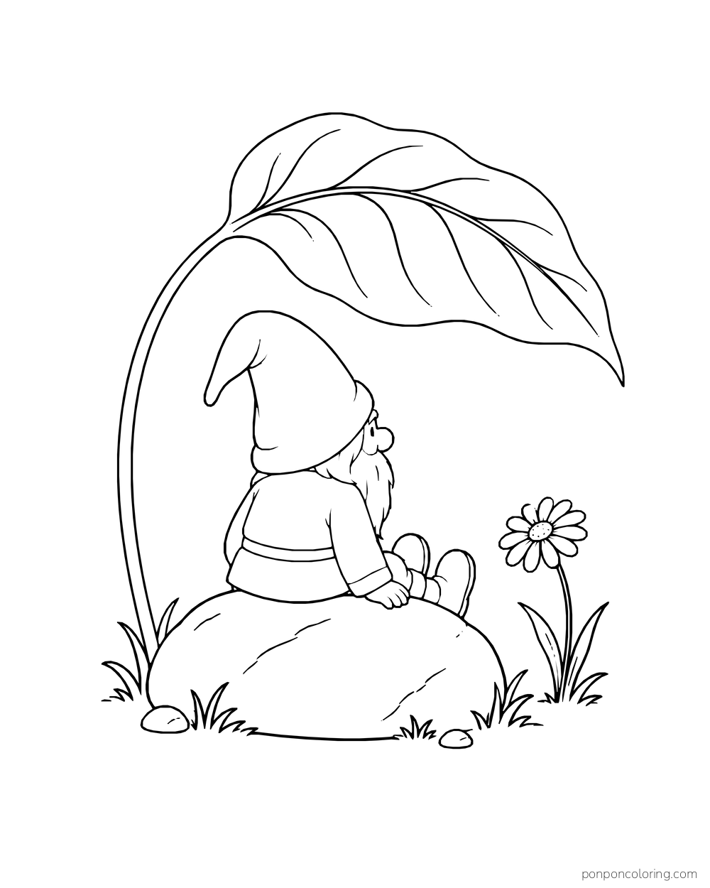 Gnome seen from behind resting on a rock beneath a huge arching leaf beside a daisy.