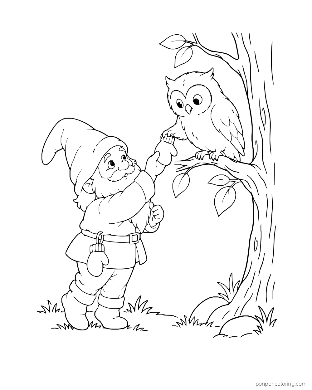 Gnome reaching up to hand a tiny mitten to an owl perched on a low branch.