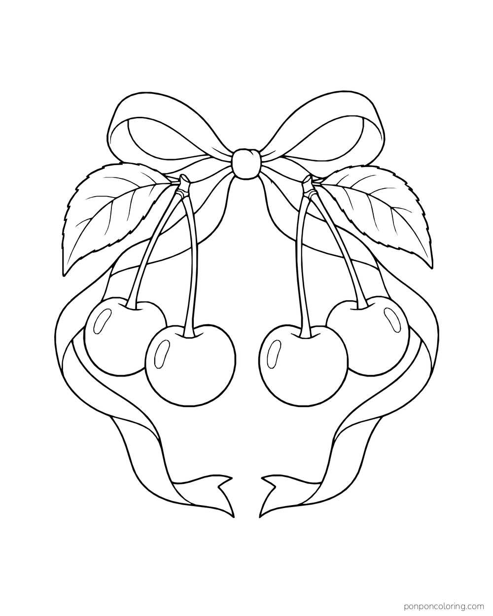 Two cherry clusters hang below a large bow with curling ribbon tails.