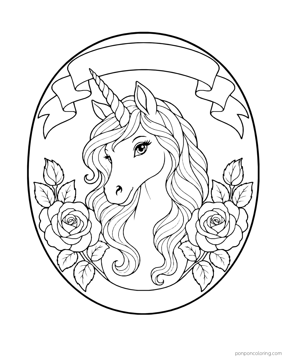 A unicorn portrait and two roses sit inside an oval frame beneath a blank ribbon.