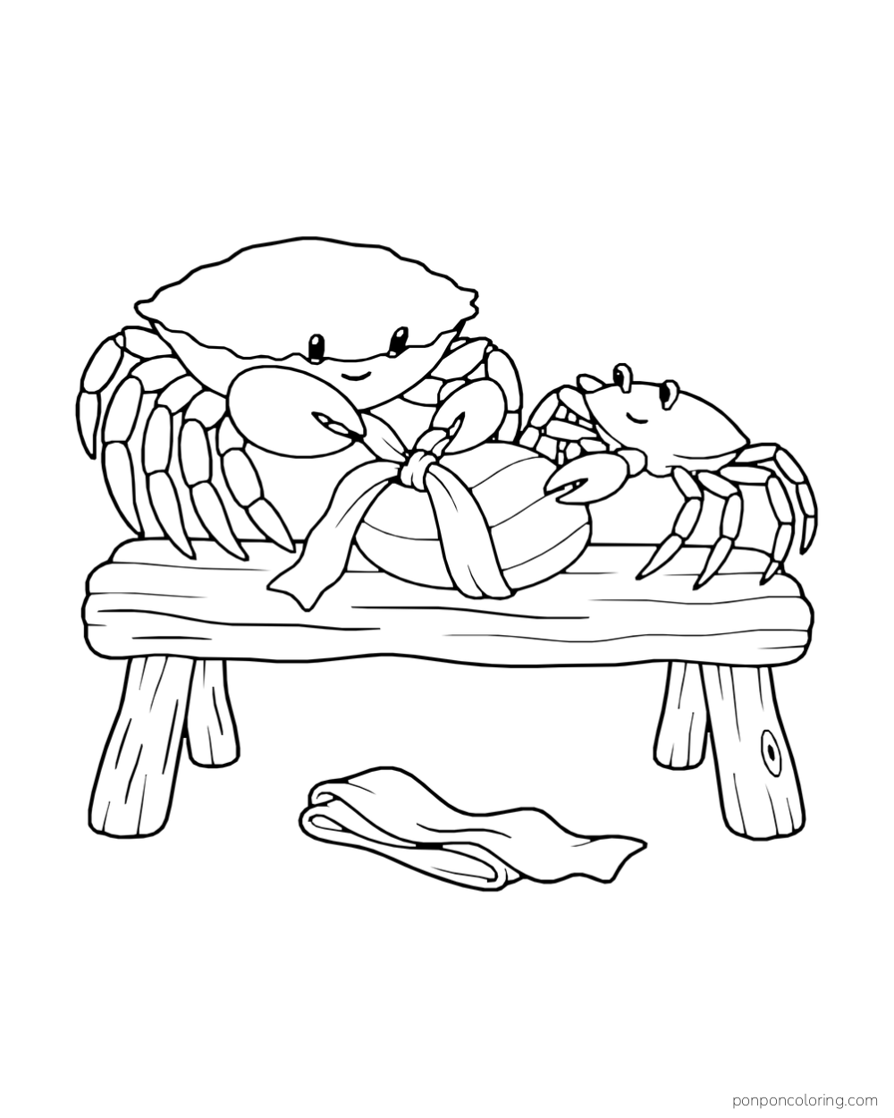 Two crabs hold a ribbon around a rounded shell on a wooden bench.