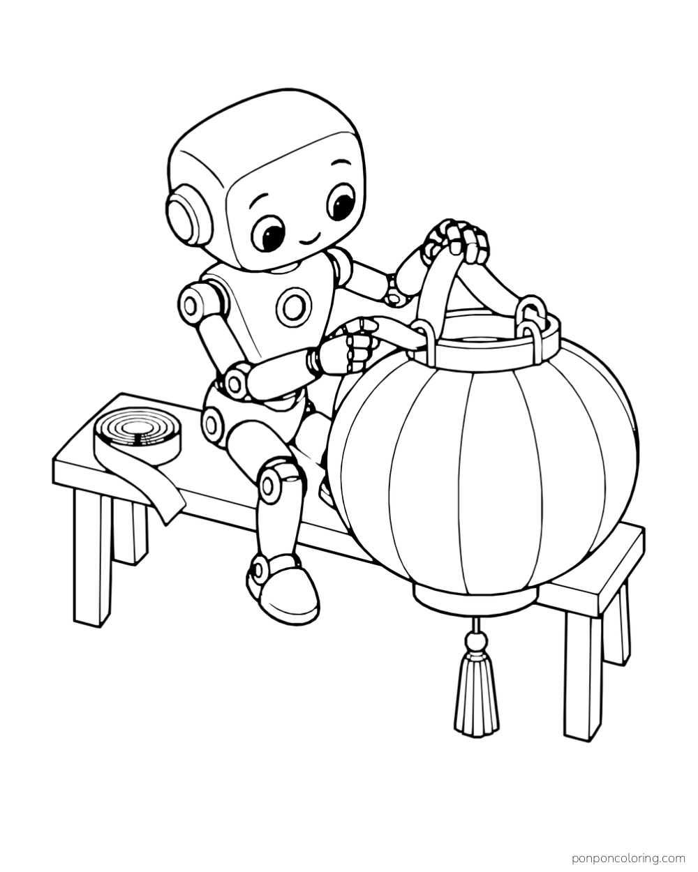 A robot threads a ribbon through a round paper lantern.