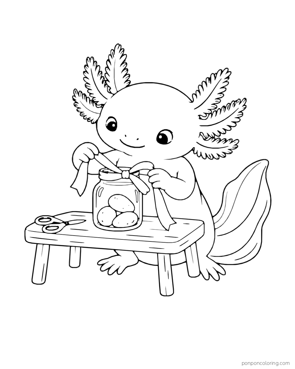 Axolotl tying a ribbon around a clear jar of round treats on a low table.