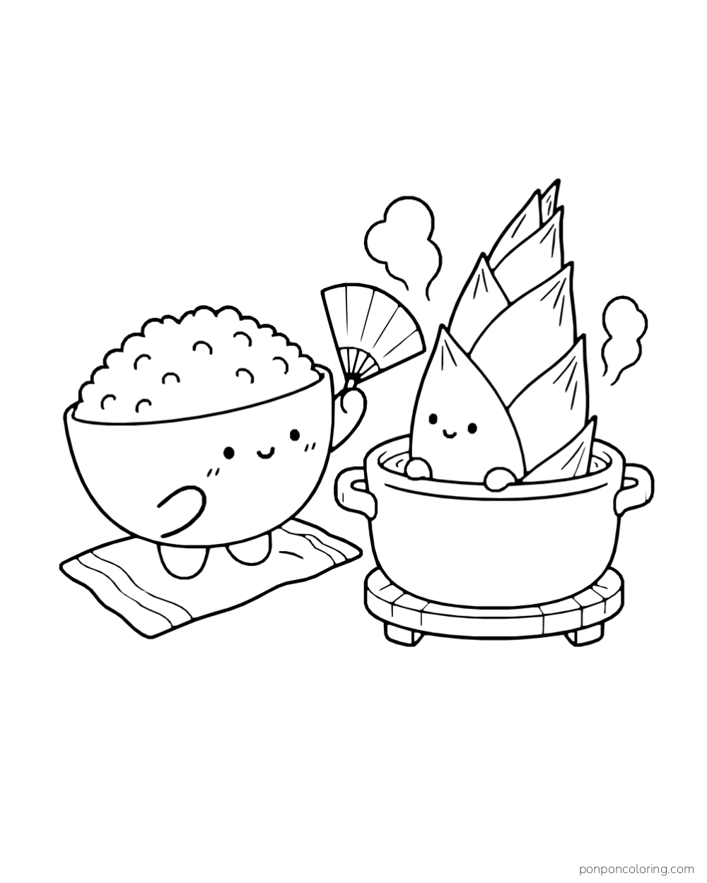 A rice bowl holds a paper fan beside a smiling bamboo shoot in a handled pot.