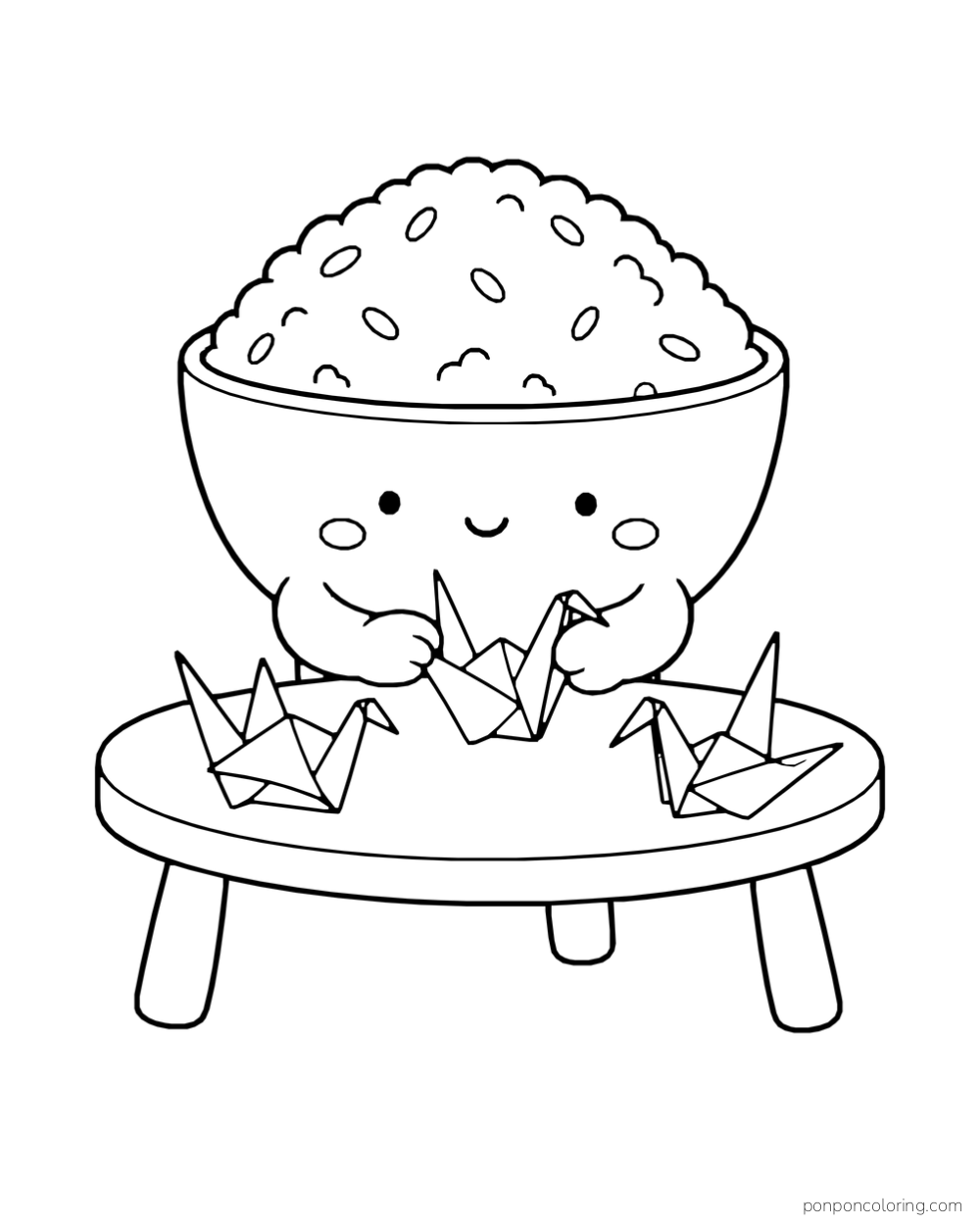 A rice bowl folds a paper crane at a table beside two finished cranes.