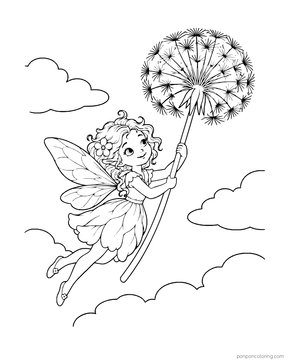 Curly-haired fairy riding the stem of a giant dandelion puff among clouds.