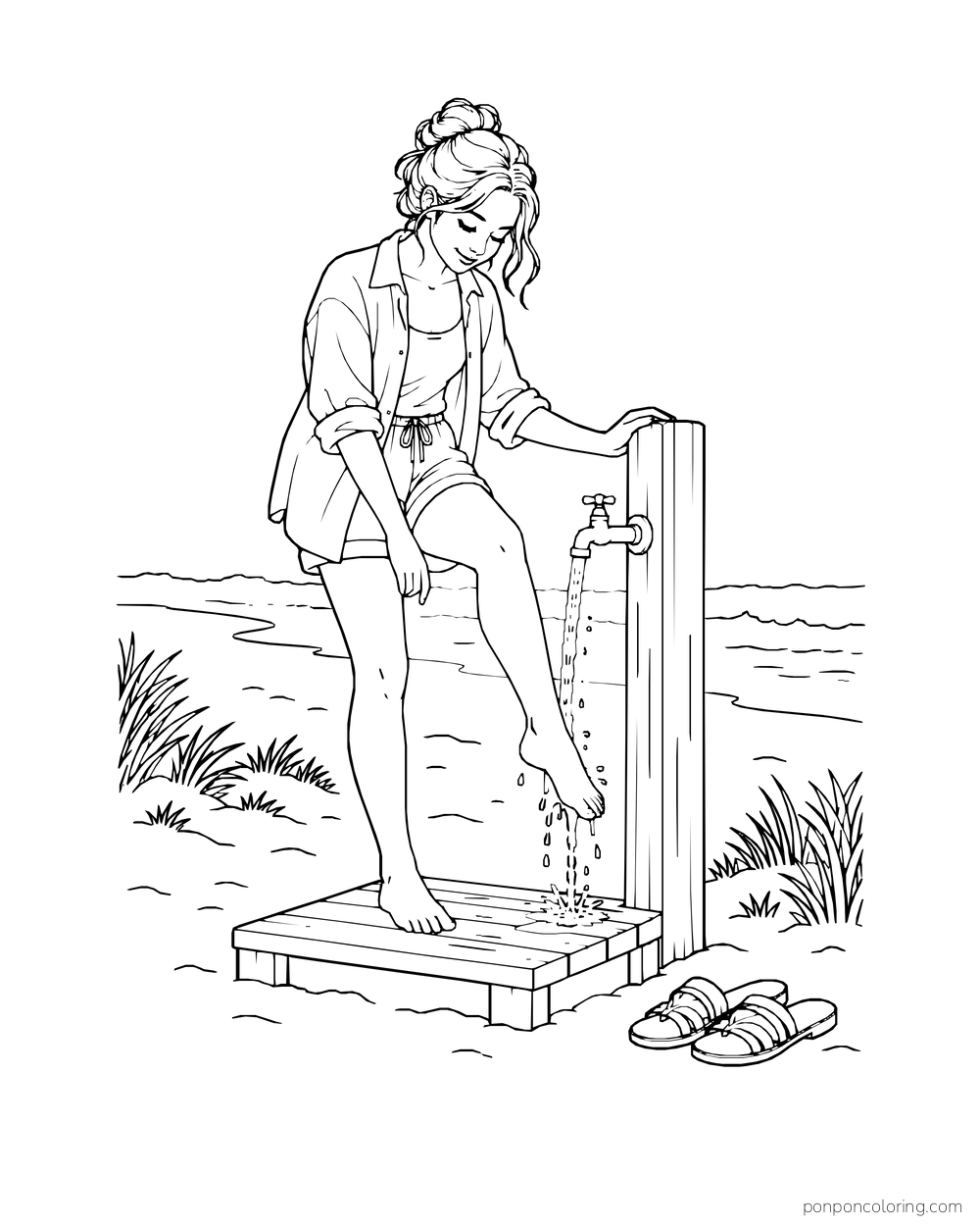 A woman rinses one foot at an outdoor beach tap beside her sandals.