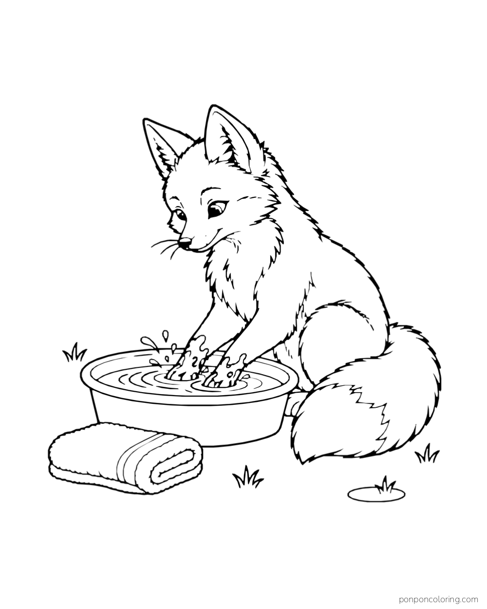 A fox rinses its front paws in a round basin with a folded towel nearby.