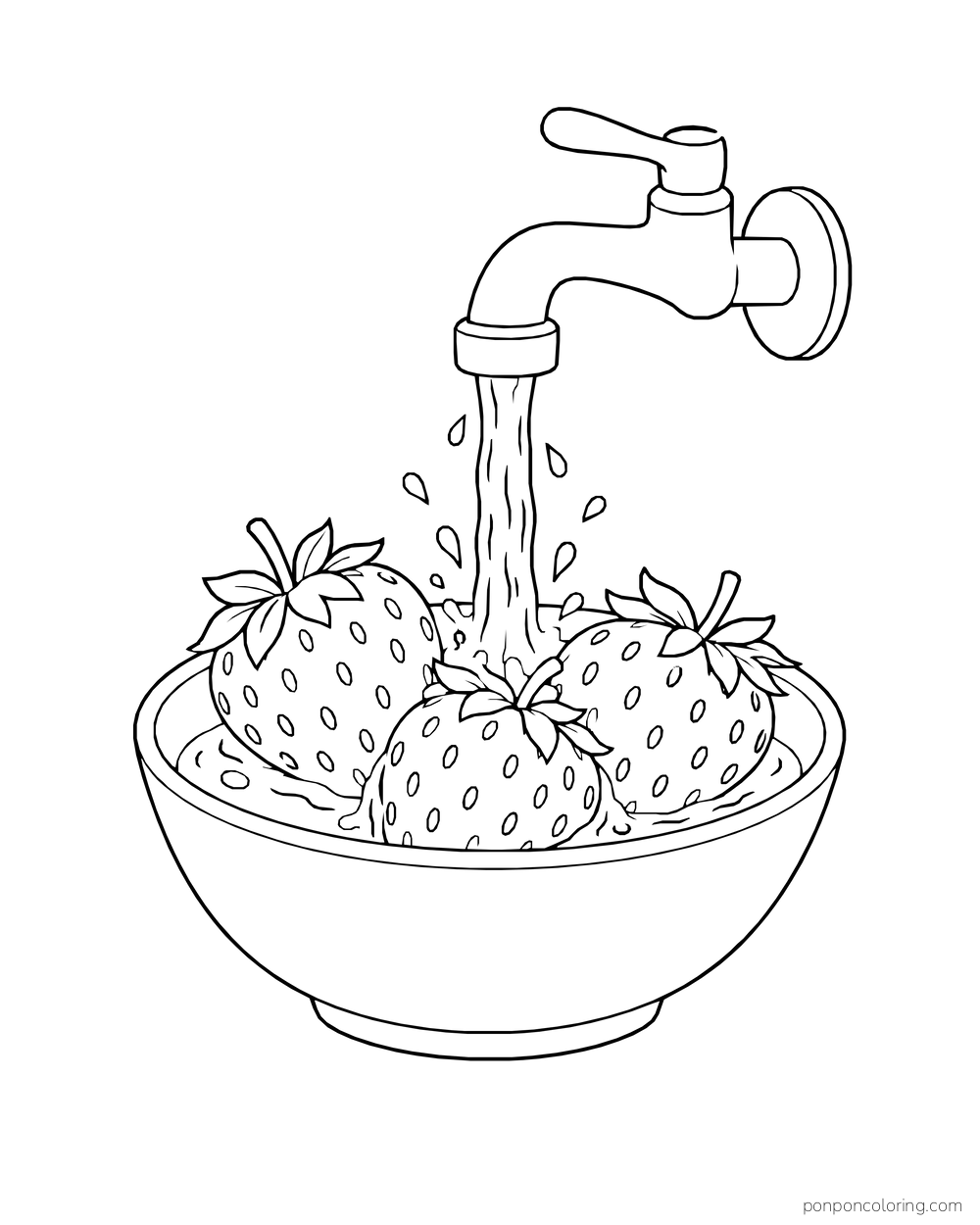 Water flows from a small wall-mounted faucet onto three strawberries in a bowl.