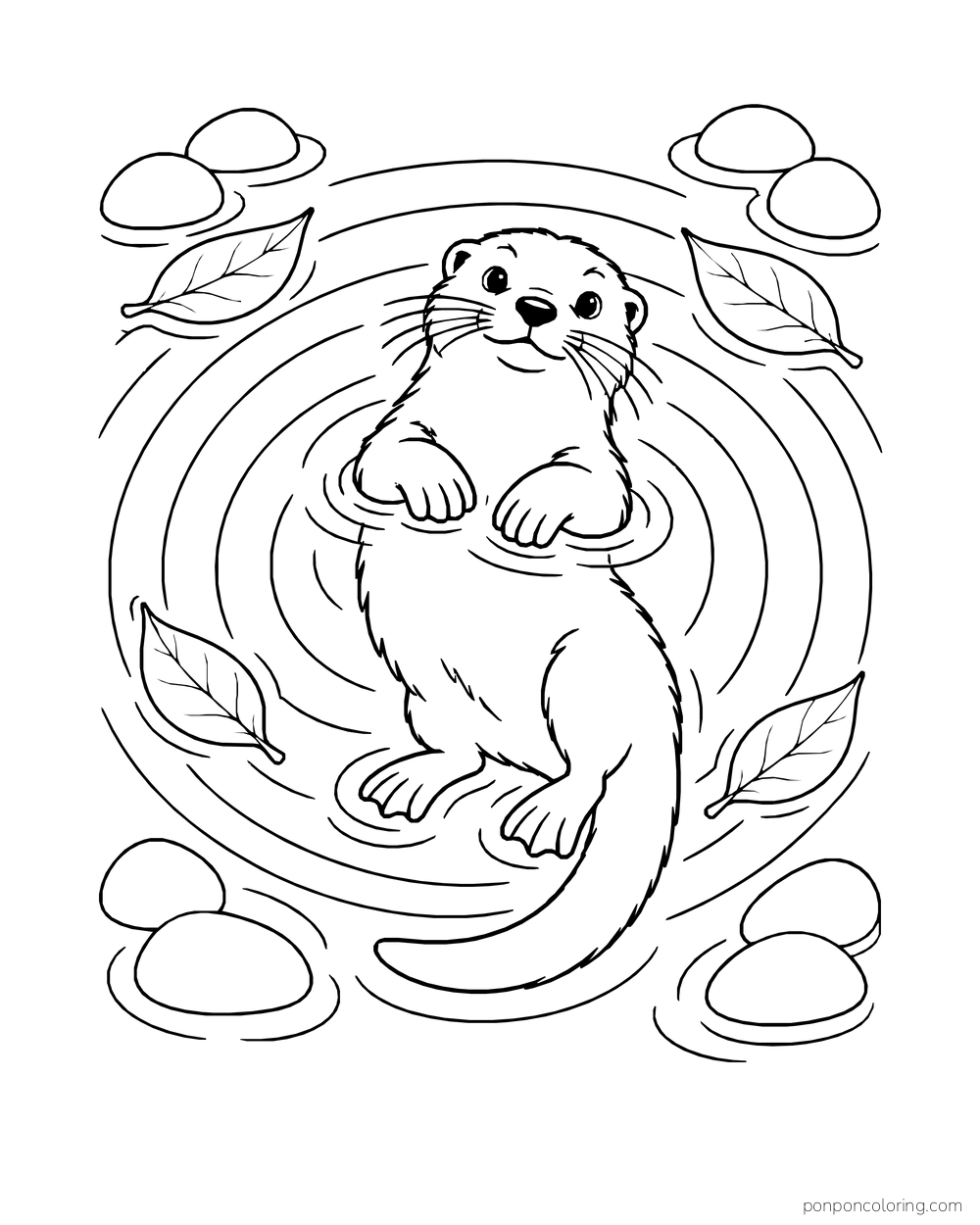 Otter floating at the center of circular water ripples with leaves and pebbles.
