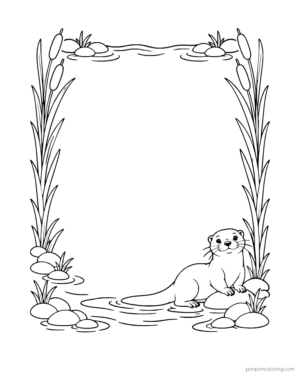 Open riverbank border of reeds and flowers with a small otter in one corner.