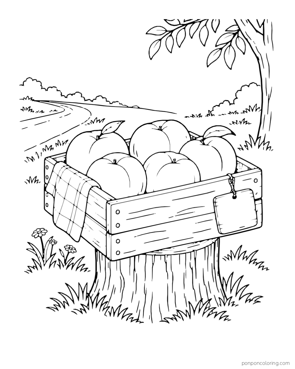 Crate of peaches on a low stump beside a curved road, with a folded cloth and blank tag.