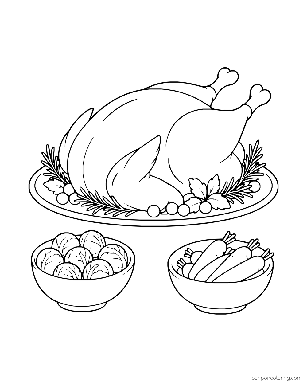 A roast turkey rests on a platter between two small vegetable bowls.