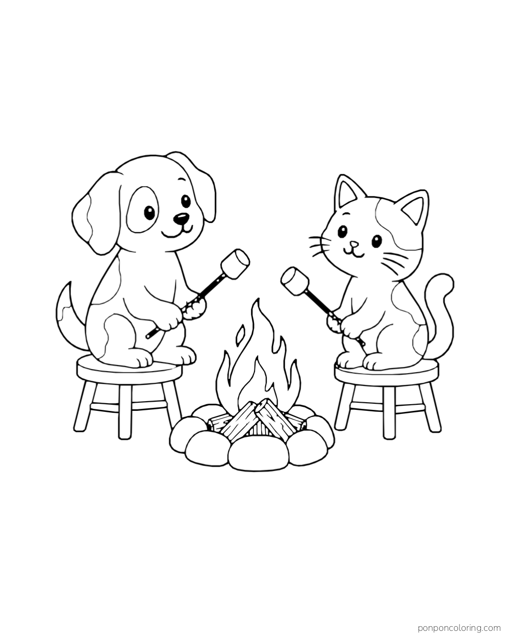 A spotted dog and cat sit on stools and hold marshmallows over a small campfire surrounded by stones.