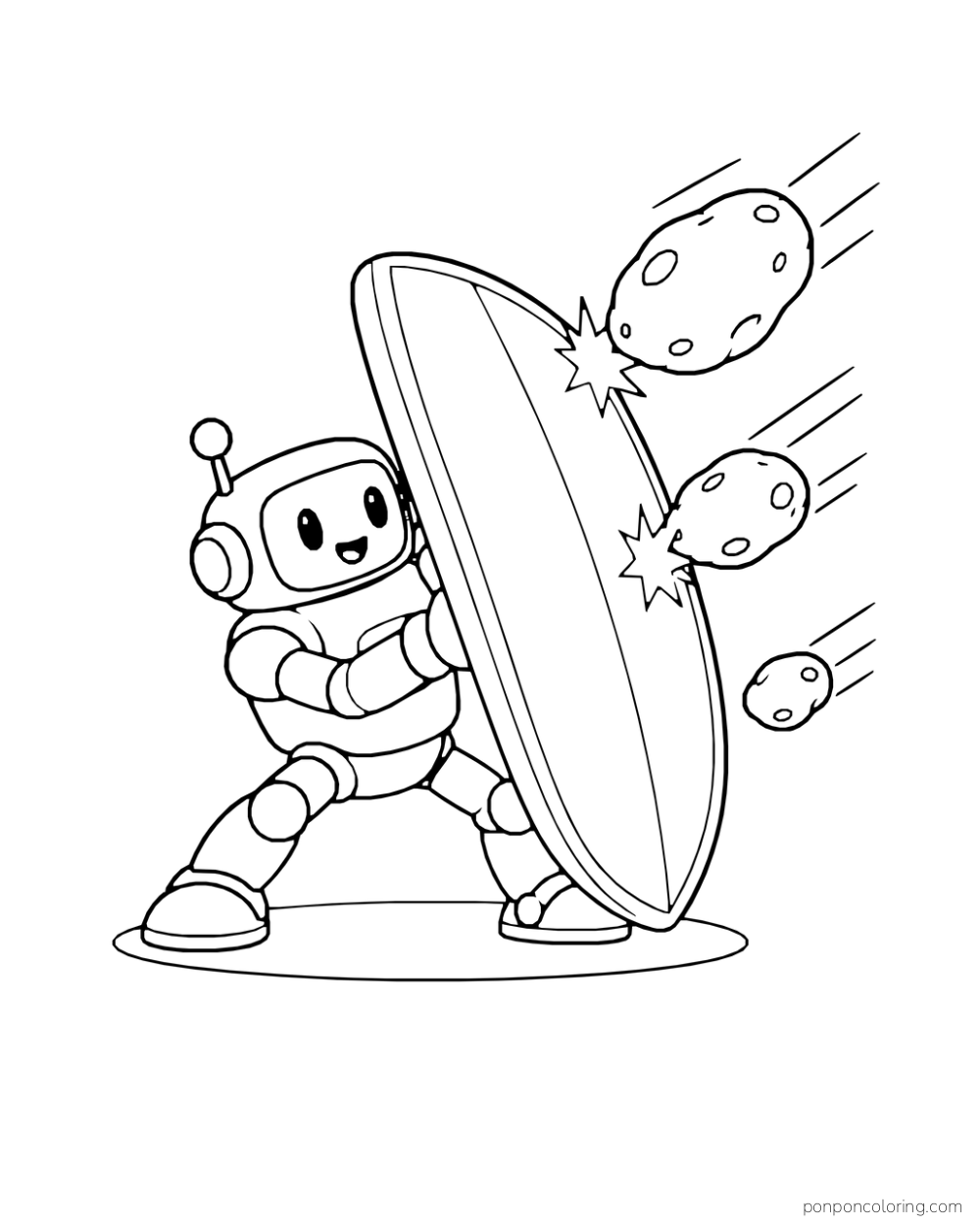 A robot braces a broad shield as three pebbles strike its outer edge.