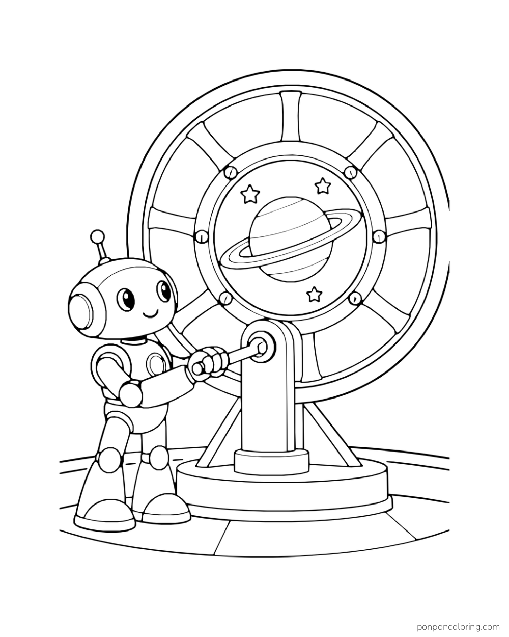 A robot turns a large wheel below a picture of a ringed planet.