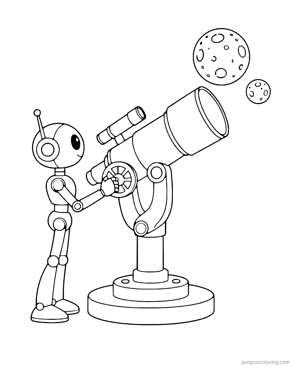 A small robot turns the wheel of a large telescope beneath two cratered moons.