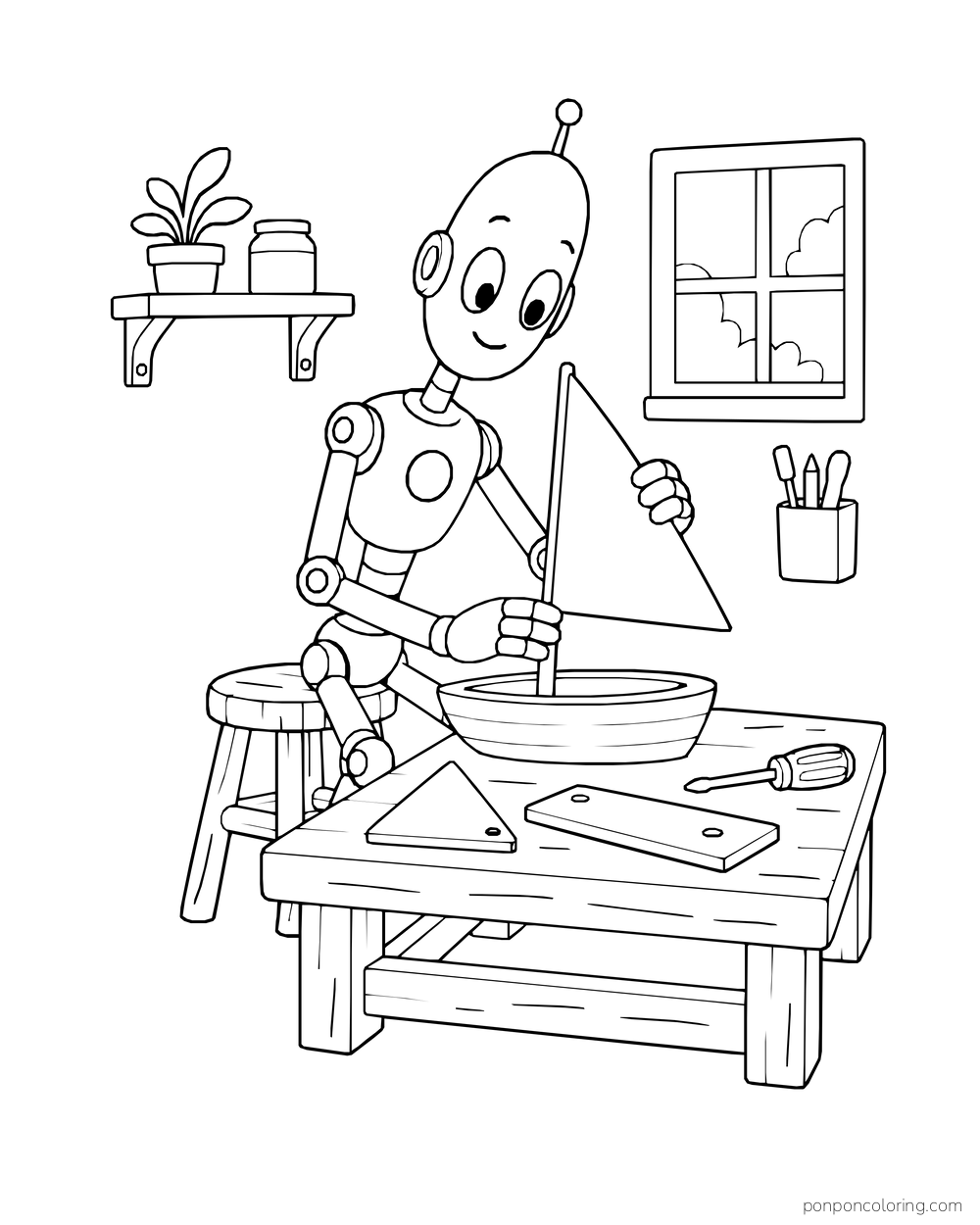 A robot fitting a triangular sail into a toy boat at a workbench.