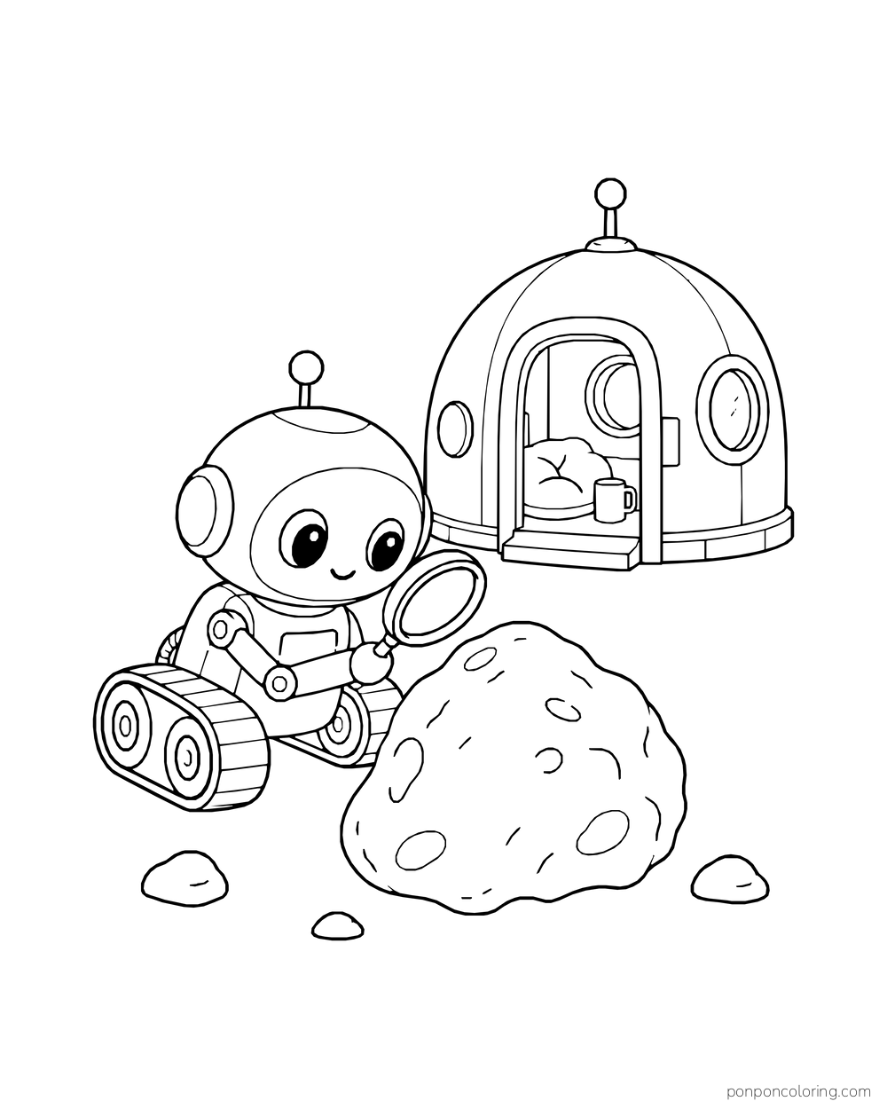 A small tracked robot examining a rock with a magnifying glass beside a dome cabin.