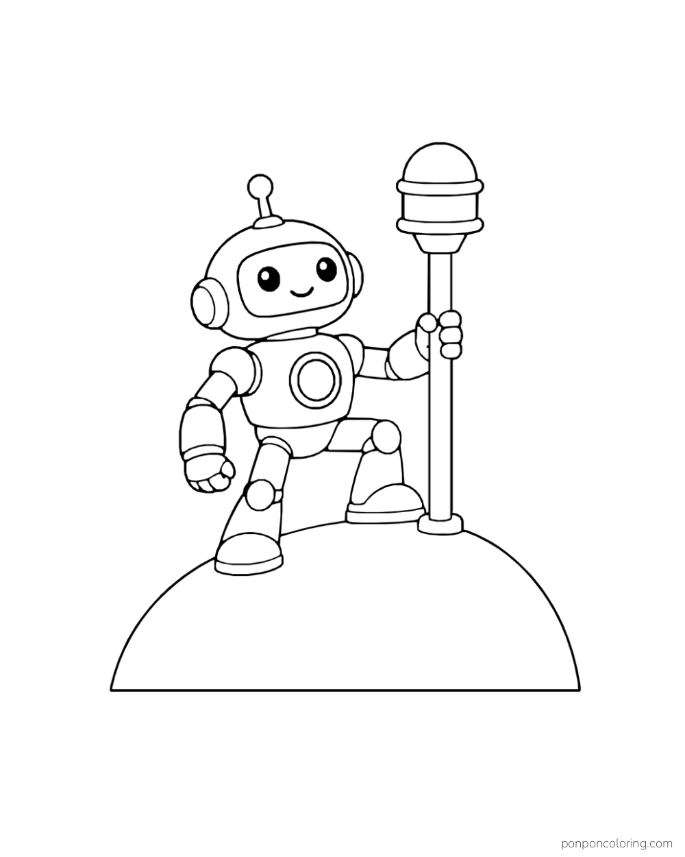 A robot stands on a rounded hill while holding a tall beacon.