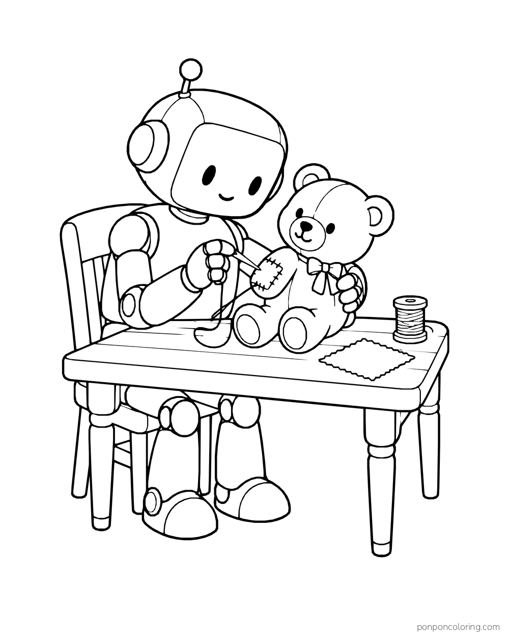 A seated robot sewing a patch onto a teddy bear at a table with thread and fabric.