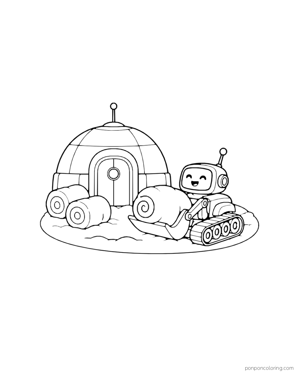A tracked robot pushes several large round objects across the ground near a dome.