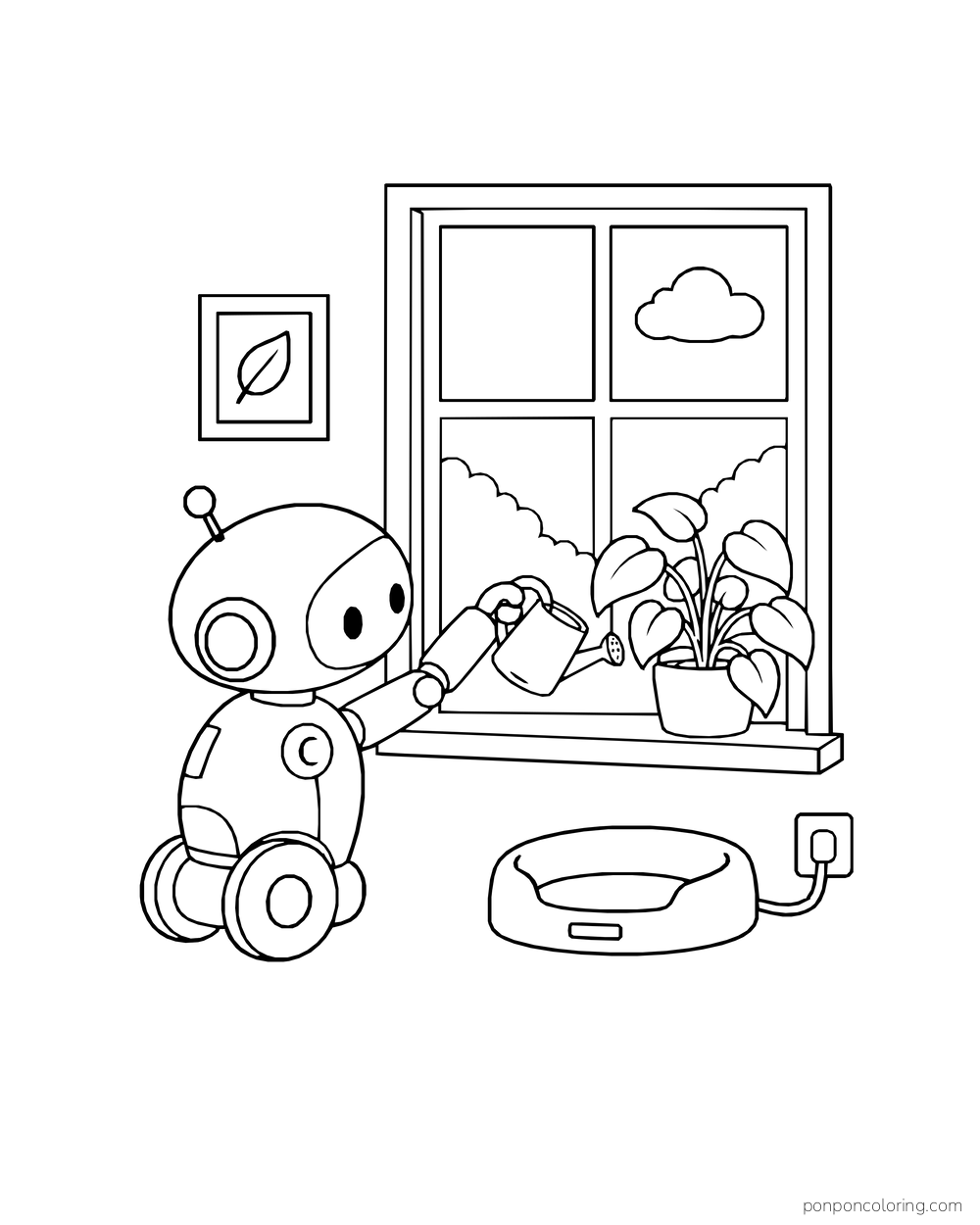 A wheeled robot holding a watering can beside a window plant and a charging cushion.