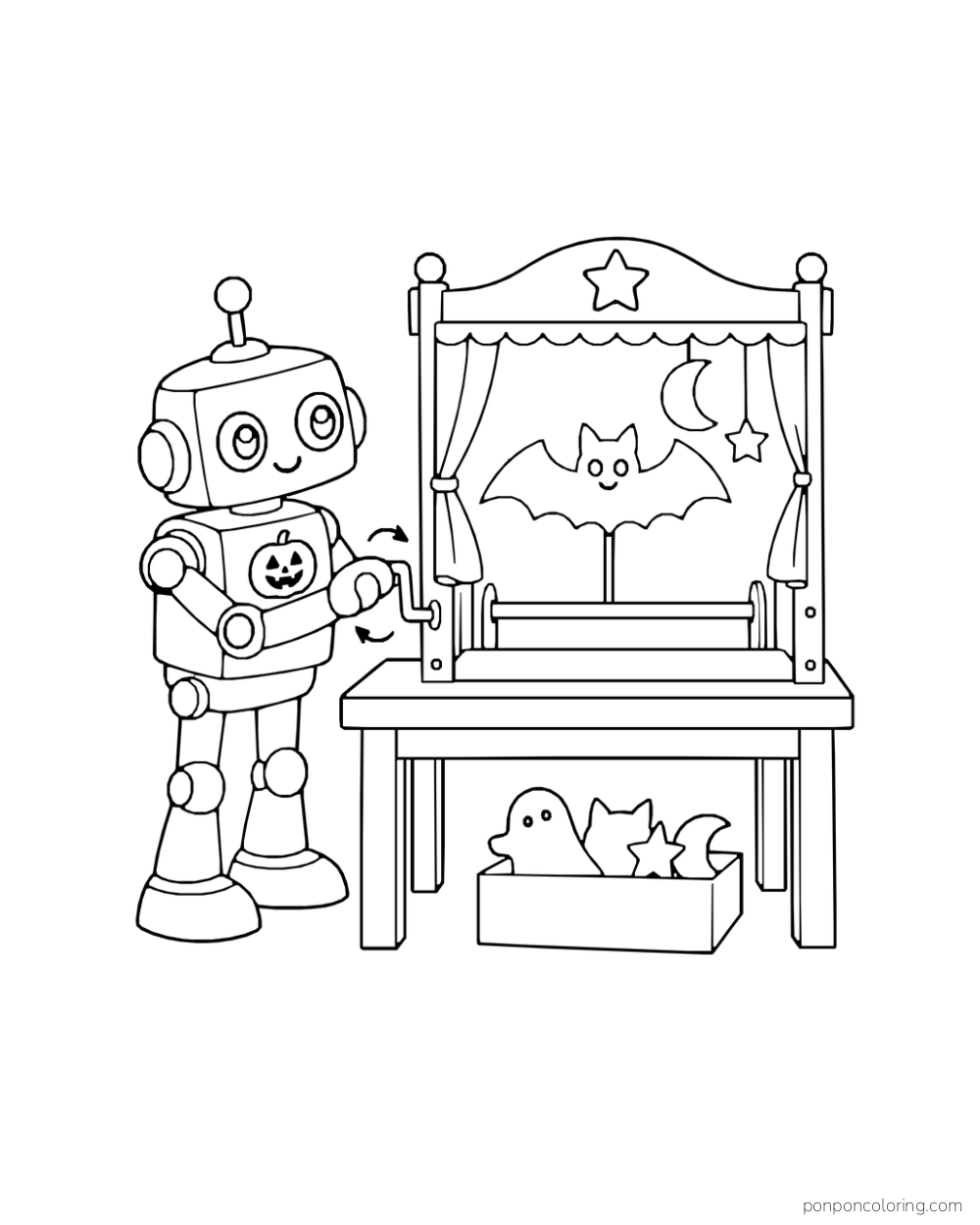 A small tin robot turns a hand crank to display a bat puppet on a tabletop Halloween stage.