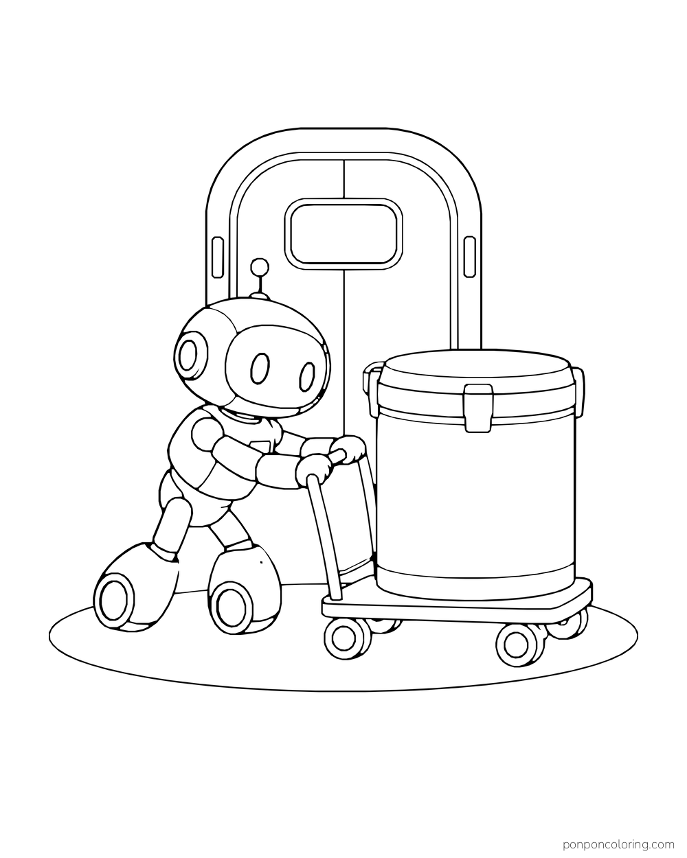 A wheeled robot pushes a large round canister on a trolley near a station door.