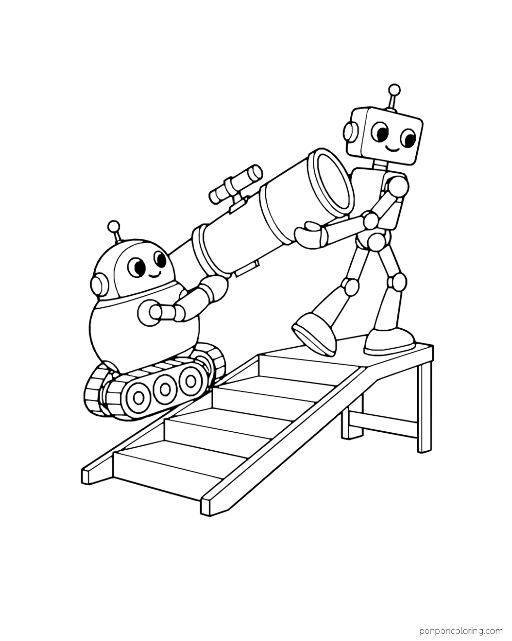 Two robots carry a long telescope up a narrow ramp.