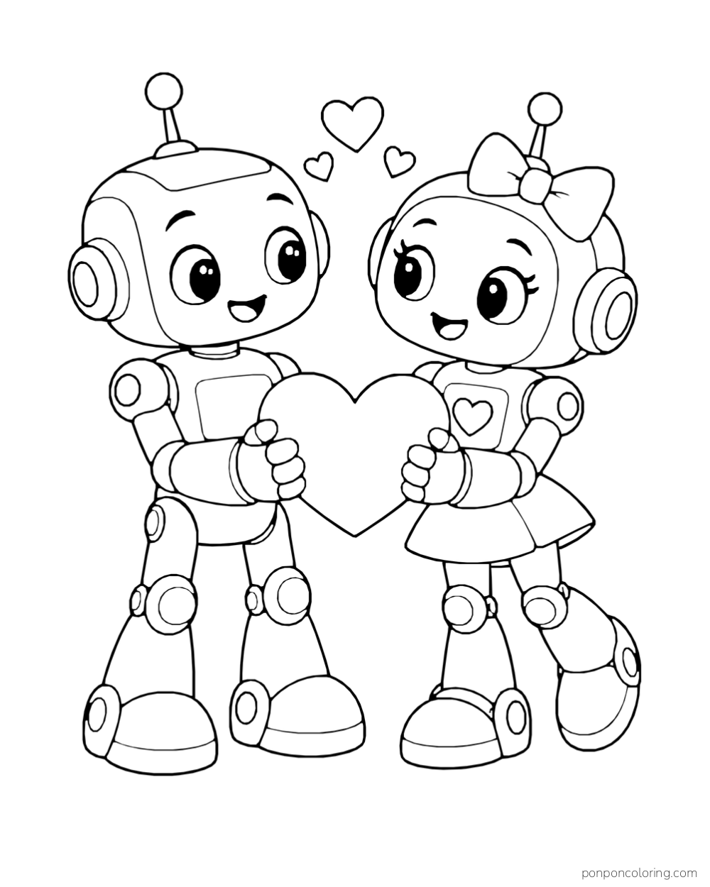 Two smiling robots hold a large heart with smaller hearts floating above them.