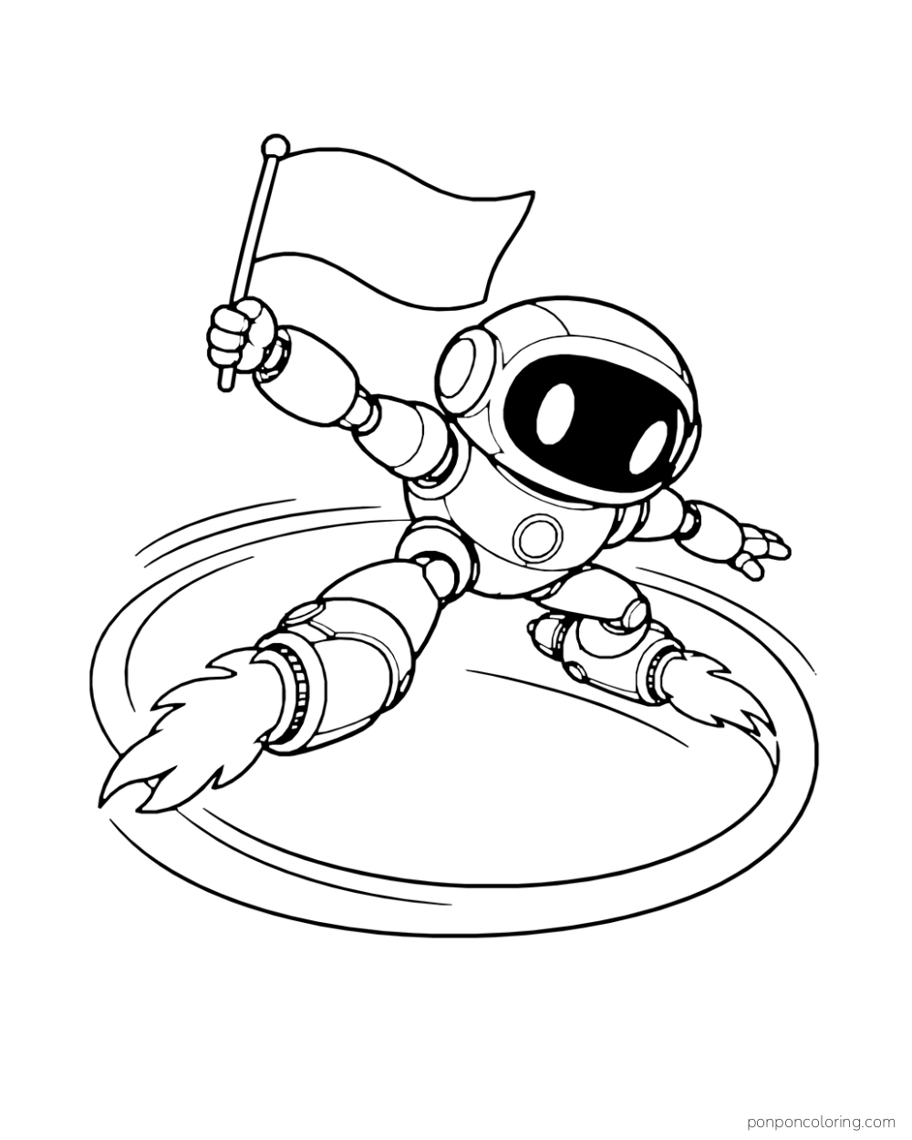 A robot turns on rocket-powered boots while holding a blank flag.