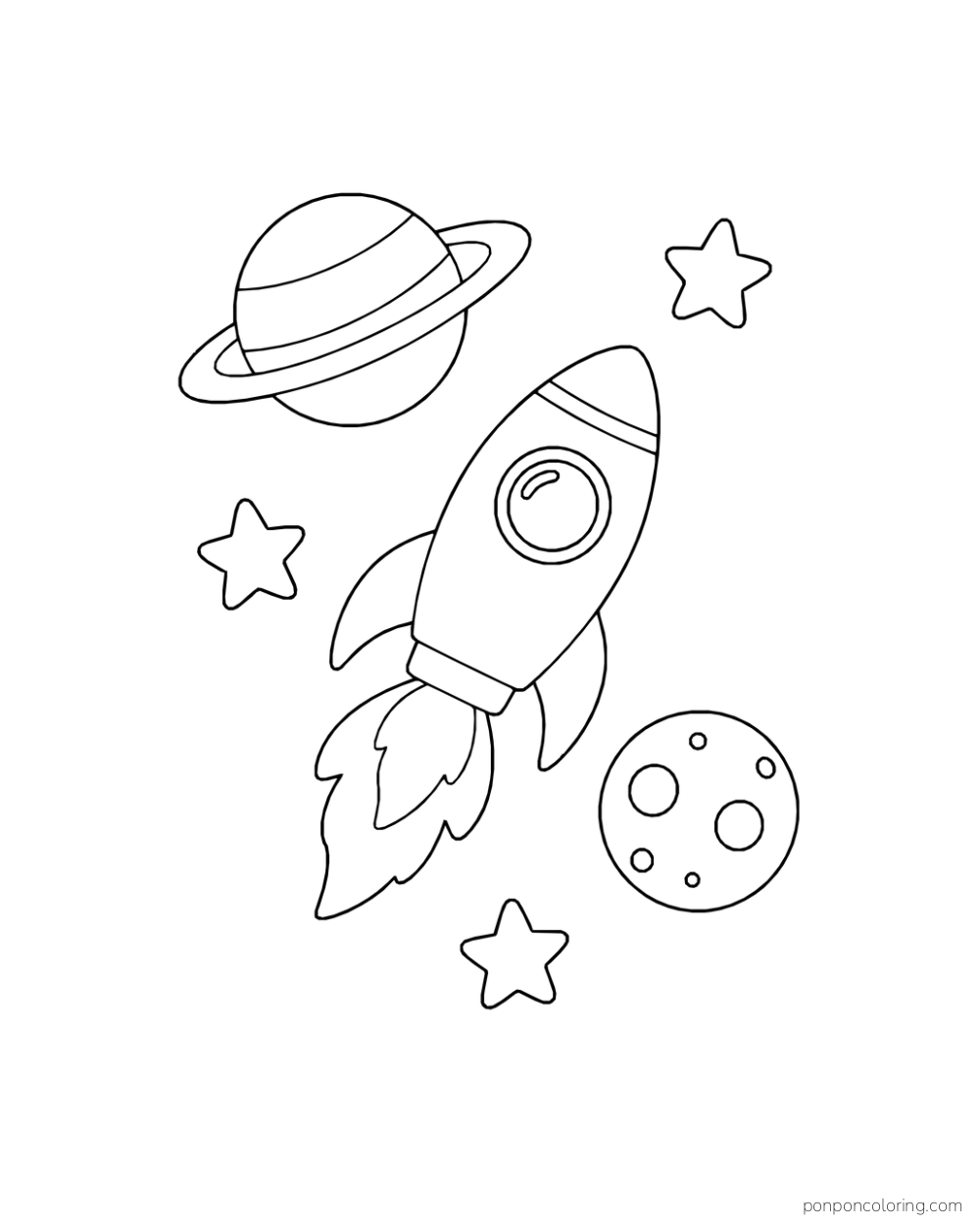 A rounded rocket with a circular window and flame flying between a ringed planet, cratered moon, and three stars.