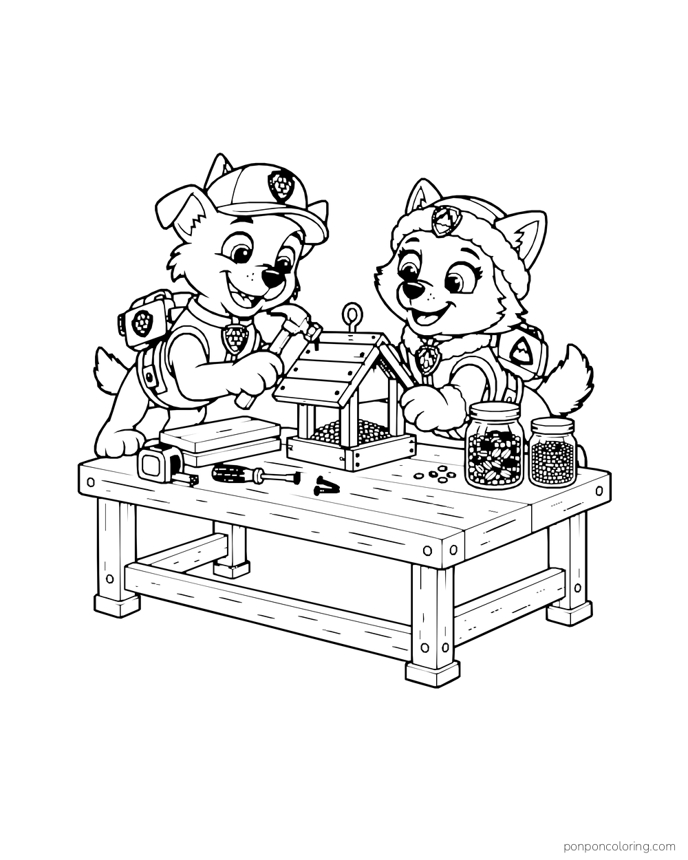 Rocky and Everest build a bird feeder at a workbench with seed jars.