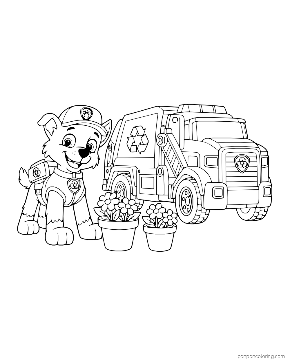 Rocky stands beside a recycling truck and two pots of flowers.