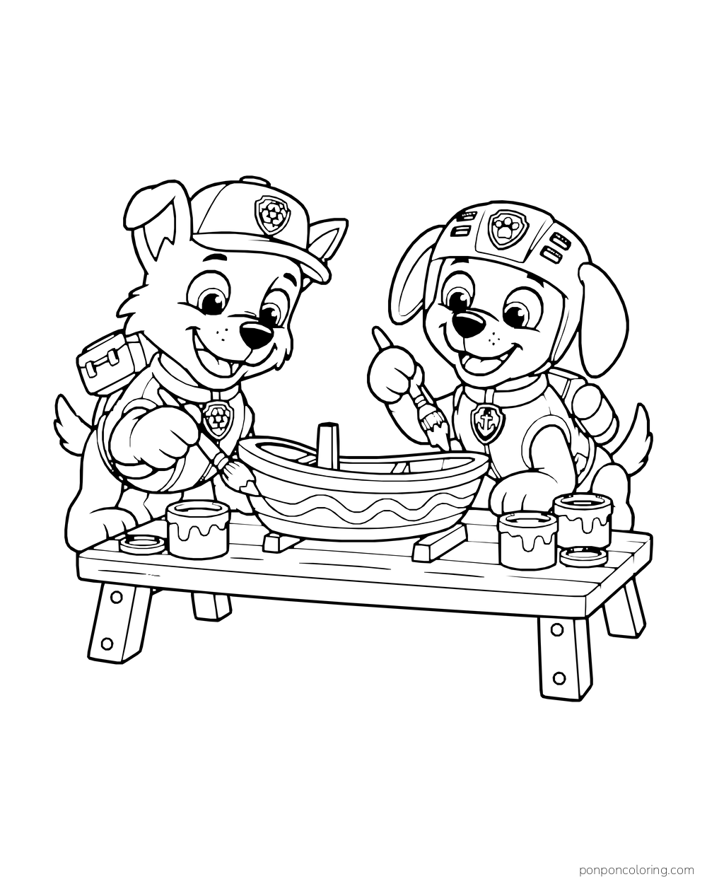 Rocky and Zuma paint a model boat at a workbench with paint jars.