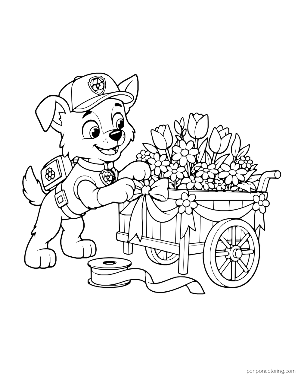 Rocky decorates a flower cart with a bow beside a spool of ribbon.