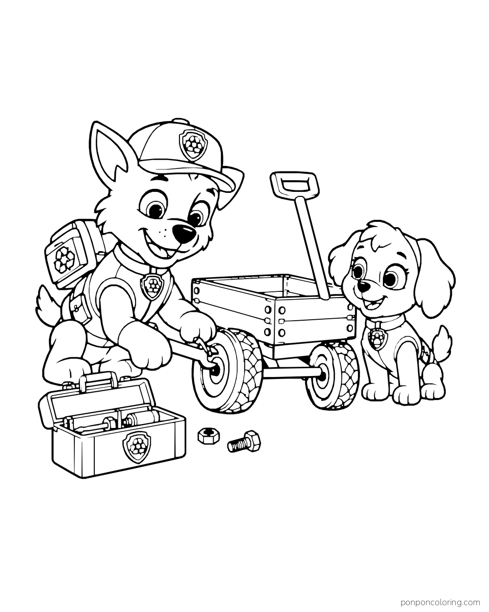 Rocky repairs a wagon wheel beside a puppy and an open toolbox.