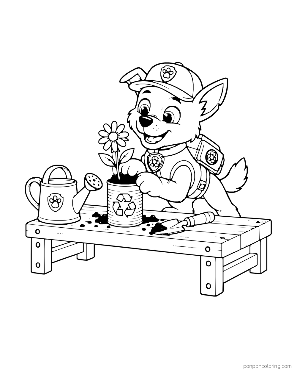 Rocky plants a daisy in a reused tin on a low workbench beside a watering can and trowel.