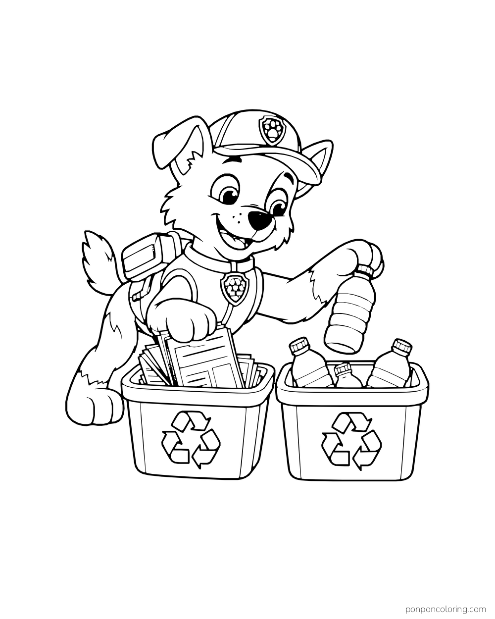 Rocky sorts paper and bottles into two recycling tubs.