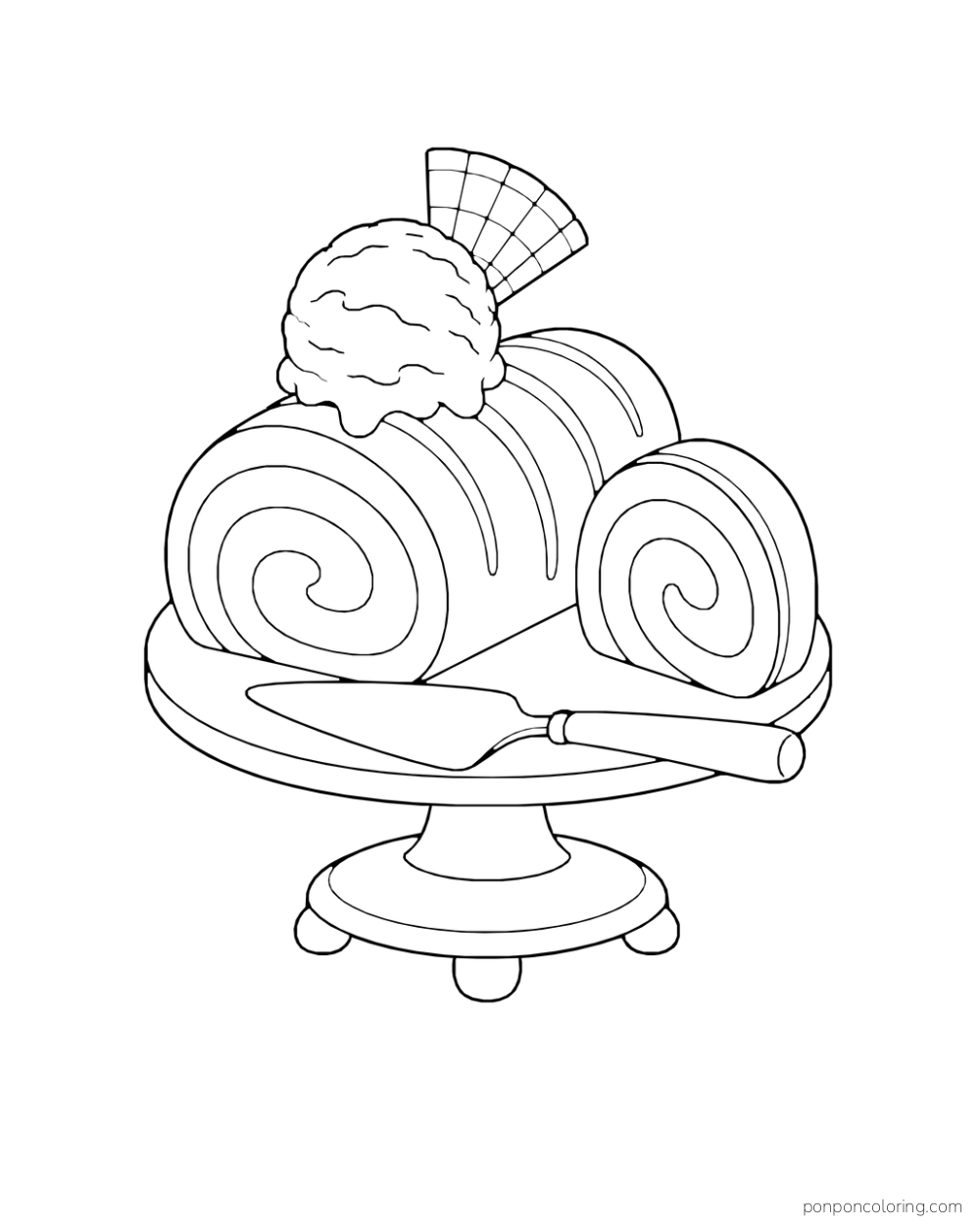 A spiral roll cake and separate slice sit with an ice cream scoop and wafer fan on top and a spatula nearby.