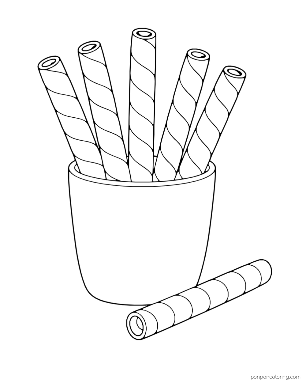 Five hollow rolled wafer cookies stand in a cup with a sixth wafer beside it.