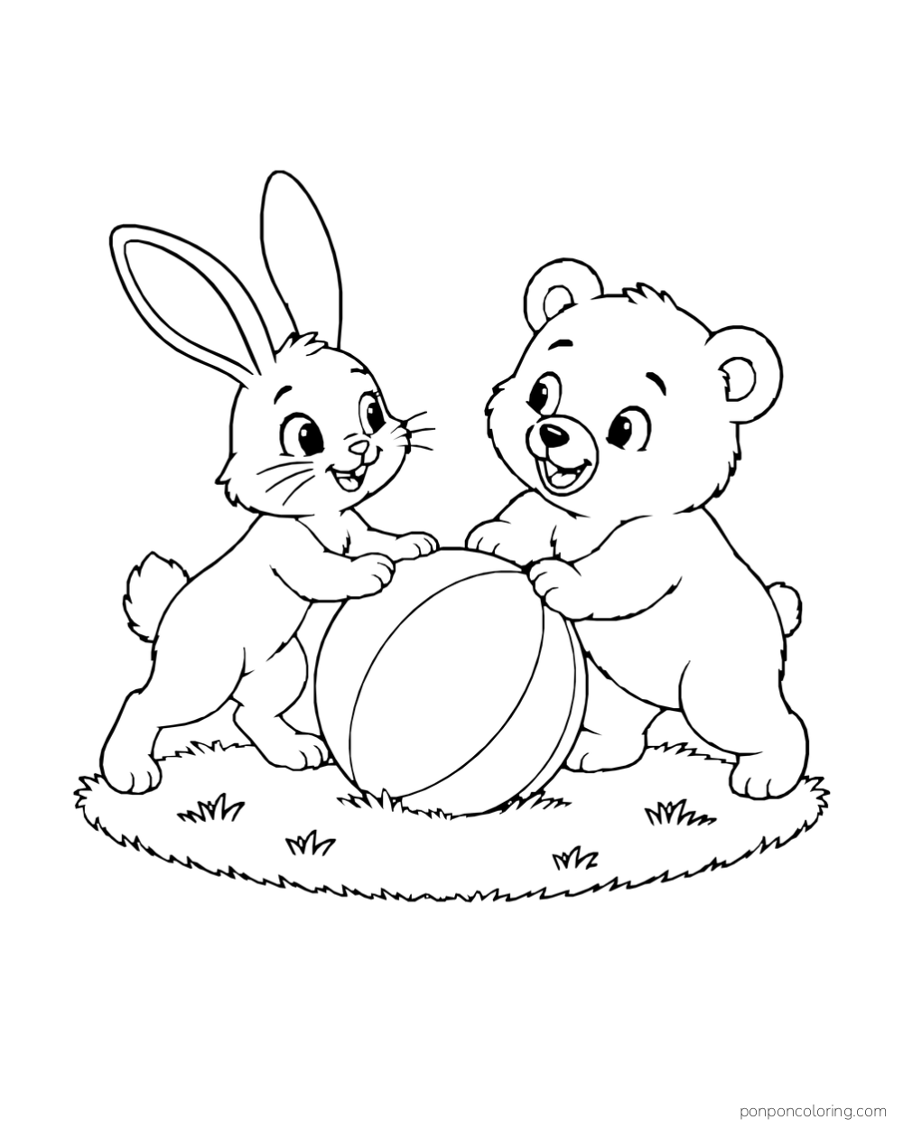A rabbit and bear cub push one large ball on a grassy patch.