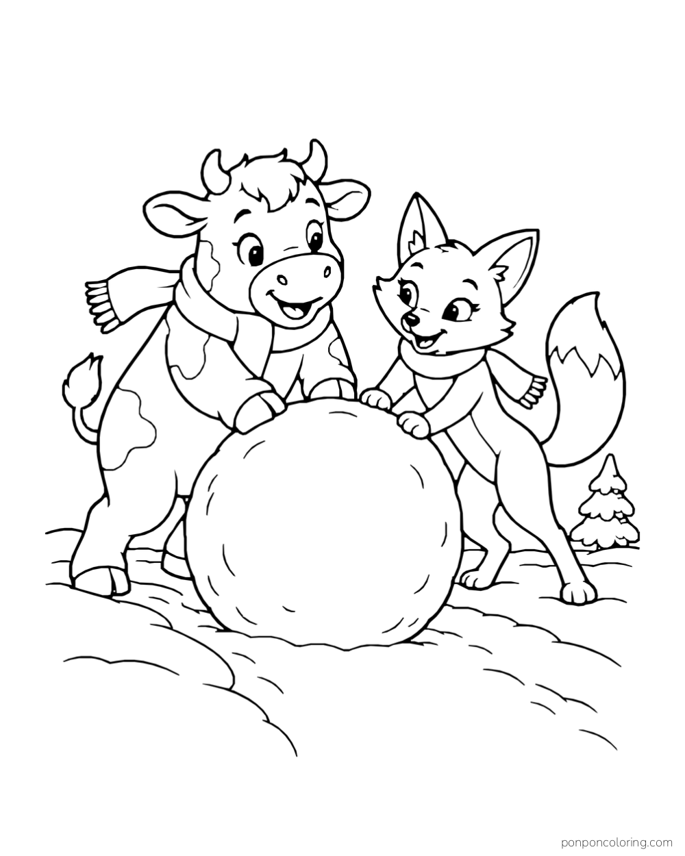 A cow and a fox push a large snowball together.