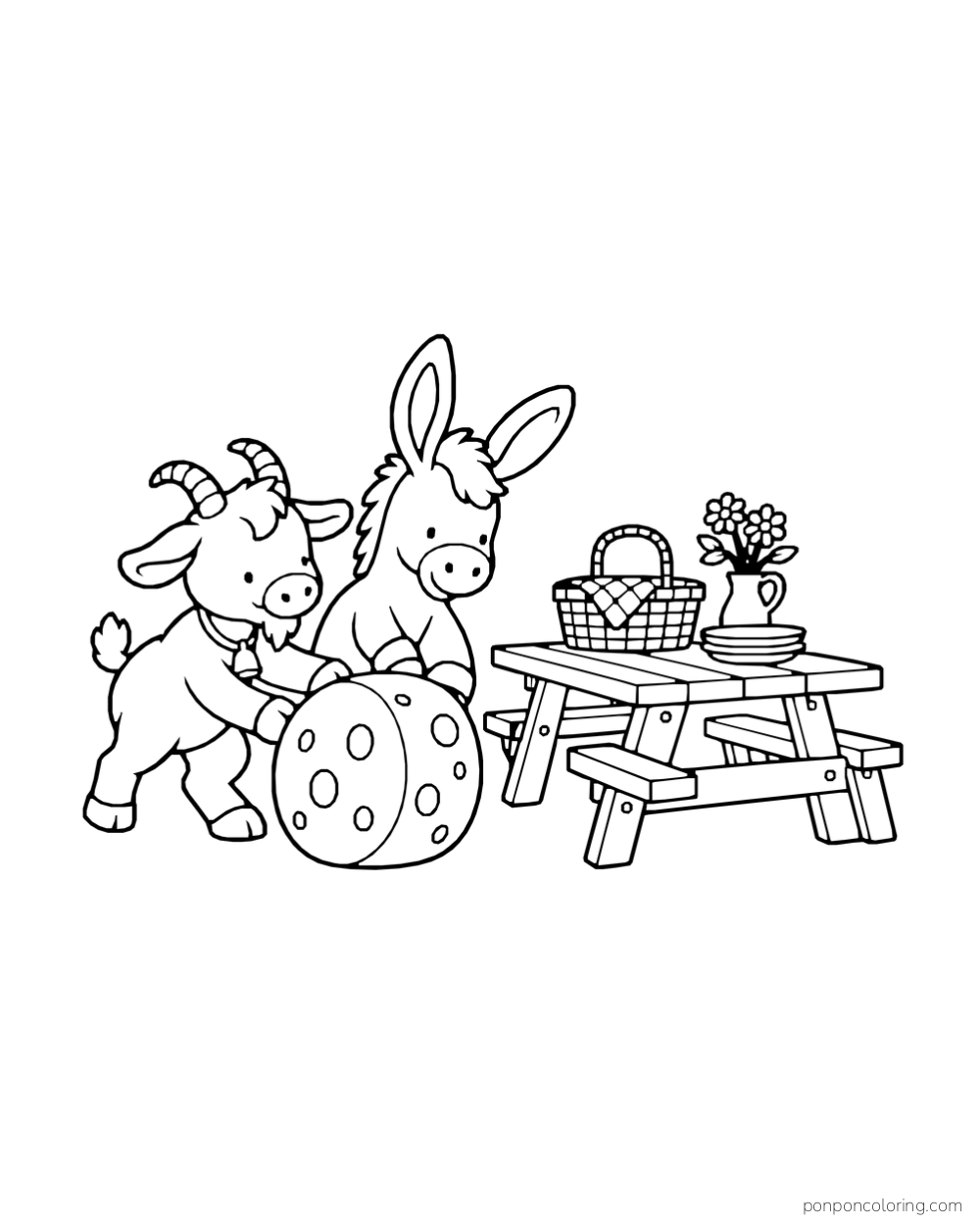 A goat and donkey roll a large spotted ball beside picnic supplies.