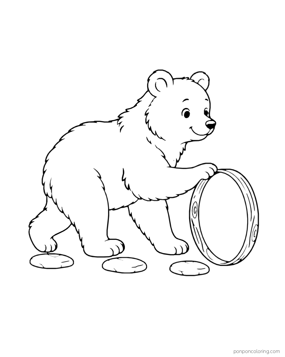 A four-paw bear touches a large upright hoop beside three separate stones.