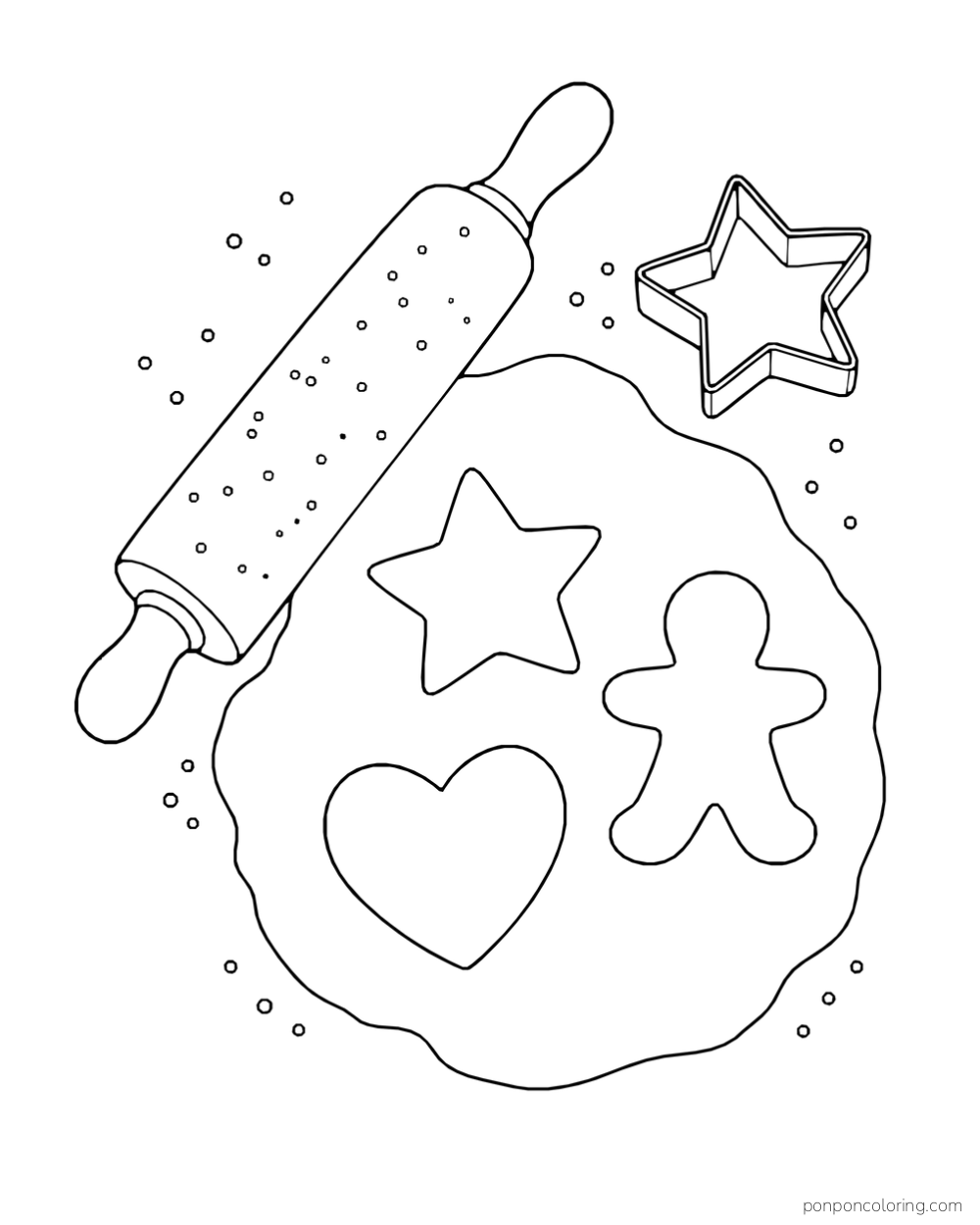 A rolling pin, star cutter, and three cut cookie shapes sit on a sheet of dough.