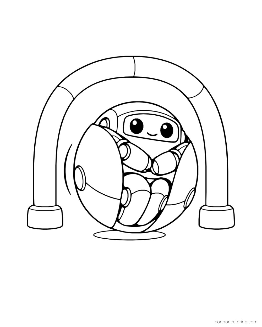 Round robot folds into a protective rolling ball beneath a short toy tunnel.