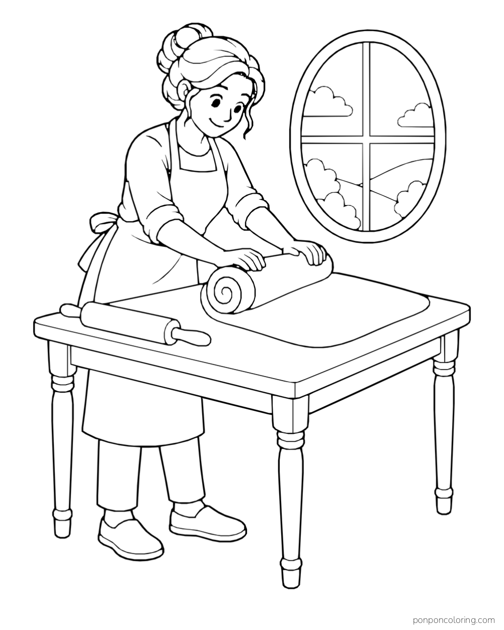 An adult baker rolls a sheet of dough on a table beside a rolling pin and arched window.