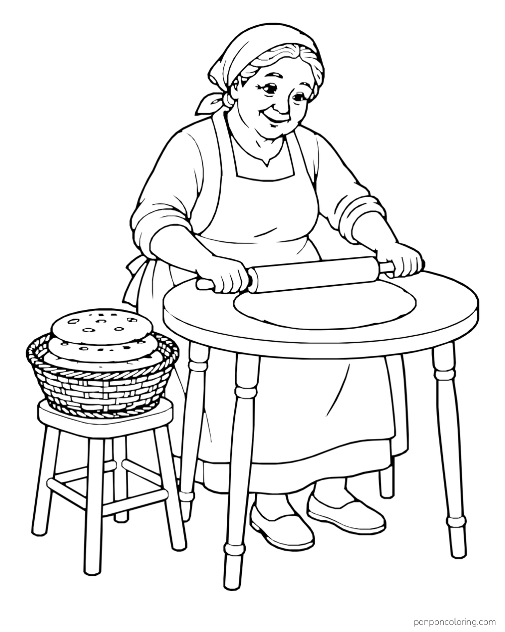 An older woman rolls a round sheet of dough on a small table beside a stack of flatbreads.
